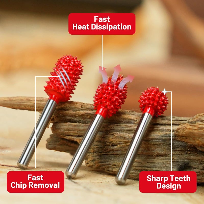 EZARC Tungsten Carbide Rotary Burr Kit, 1/8’’ Shaft Wood Carving Bits, Very Coarse Engraving & Material Removal Tool with Storage Case, 3-Piece - Image 5